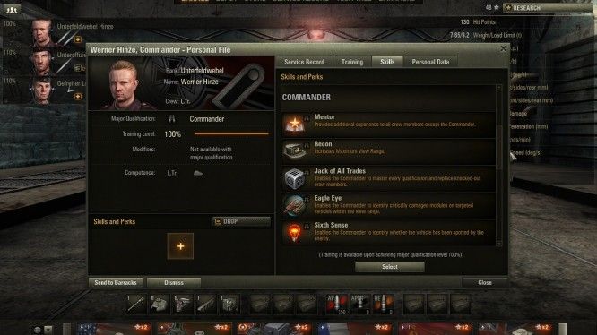 Each tank is run by a crew of two to four people who can be conscripted by players via the shop and leveled up in-game.