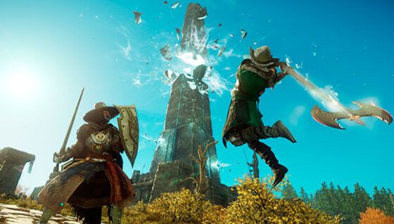 Two players duel outside the Shattered Obelisk - New World PvP Modes